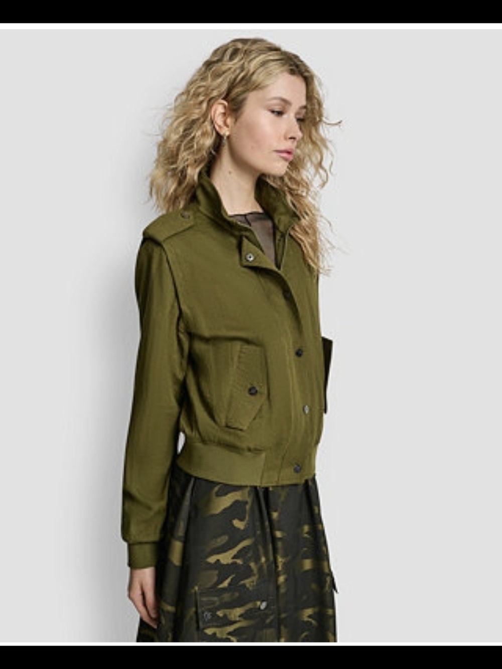 Donna Karan Olive Twill Bomber Jacket with Snap Front - Picture 4 of 6